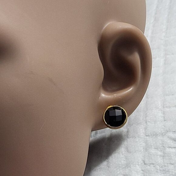 Best Silver New 18K Gold-Plated Sterling Silver Round Bezel Black Onyx Earrings - Picture 5 of 6